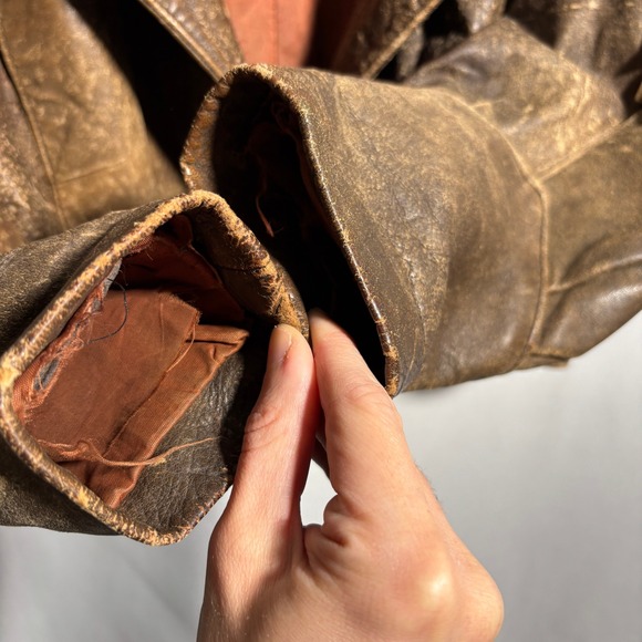 VTG Brown Leather Fringe Jacket Moto Crop Boho Western Rodeo Sz M Distressed SEE - Picture 5 of 9
